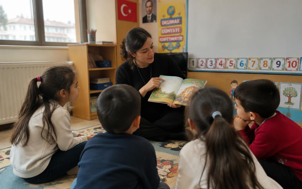 Halıda oturan öğrencilere resimli kitap okuyan öğretmen