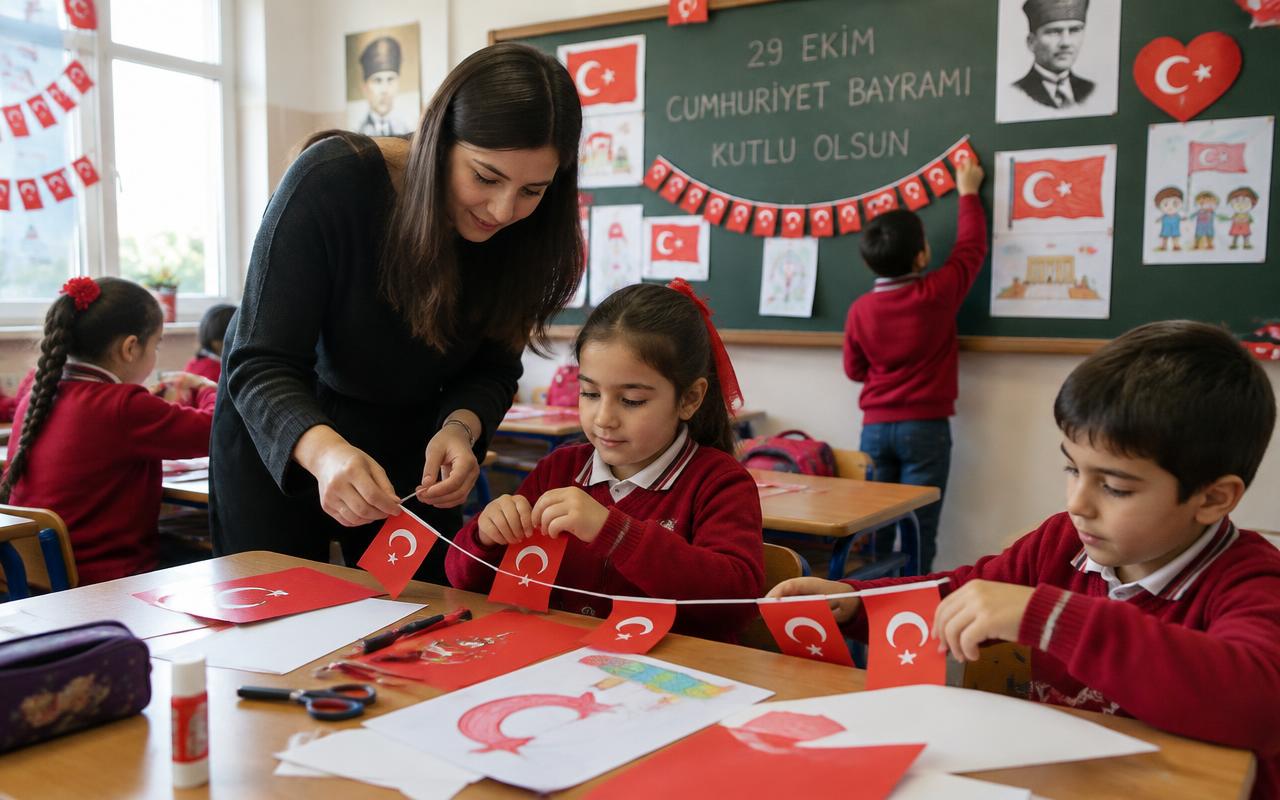 Öğretmeniyle sınıfı bayraklarla süsleyen öğrenciler